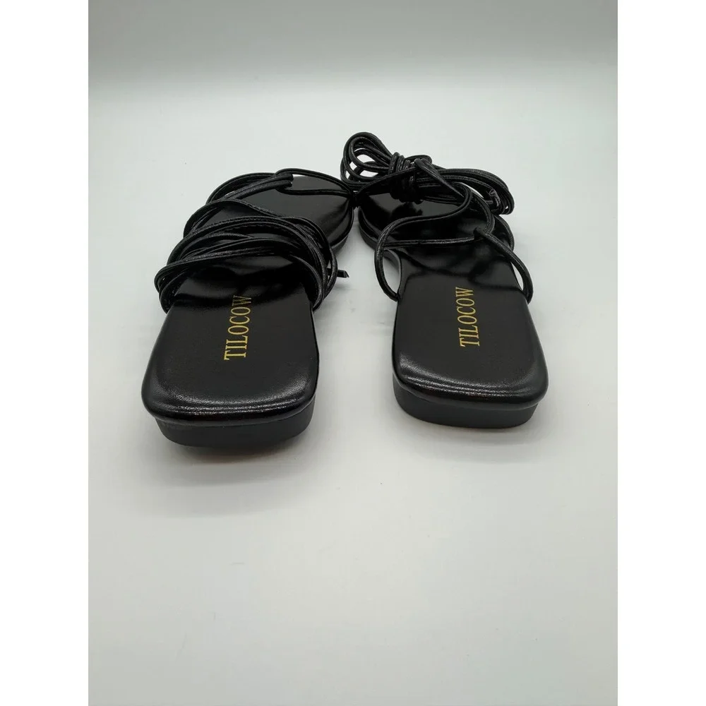 Tilocow Black Lace Up Sandals Square Toe Strappy Gladiator Flats Womens 7